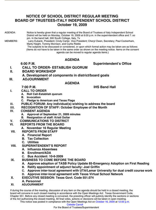 Image: Agenda, October 19, 2009