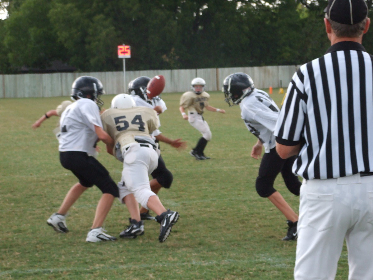 Image: FUMBLE! — John Byers (54) jars the ball loose from a hapless Bulldog.