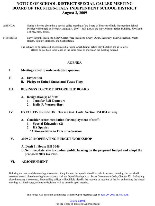 Image: School Board Meeting Agenda, August 3, 2009