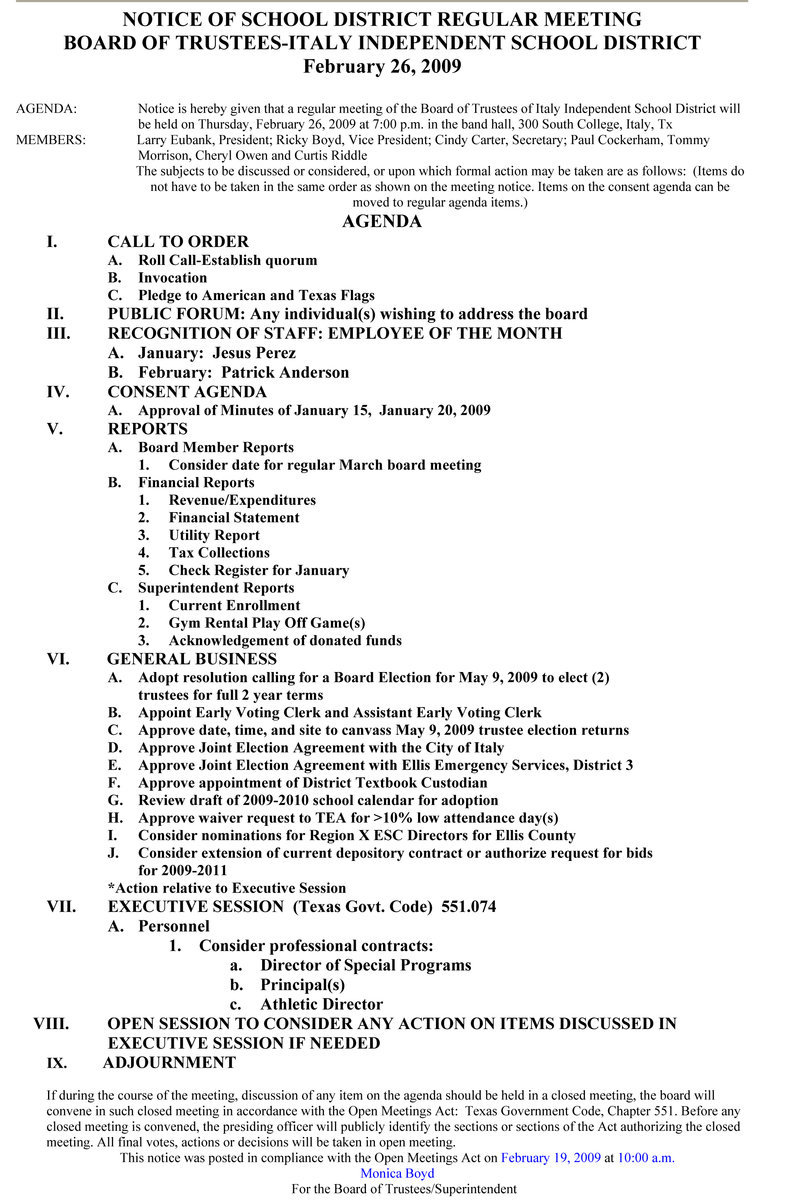 Image: February 26 Italy School Board Meeting Agenda