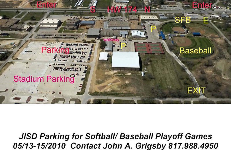 Image: Parking Diagram — Parking could be tight on Saturday due to a playoff game that will be held at the baseball field. This diagram was supplied by the coach from Joshua High School.