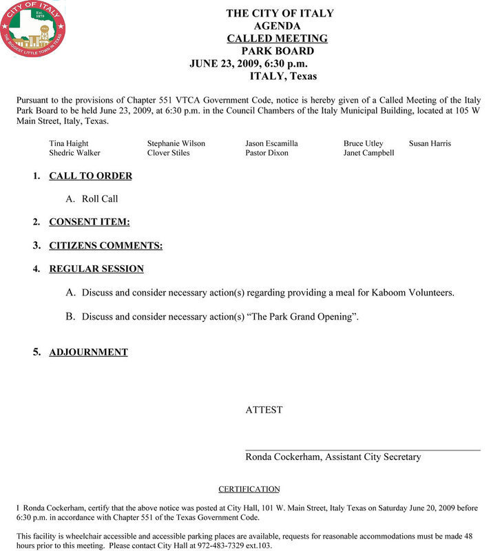 Image: Italy Park Board Meeting Agenda-June 23, 2009