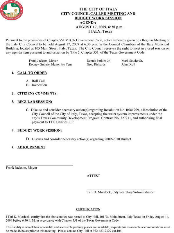 Image: Italy City Council Meeting of Agenda – August 17, 2009