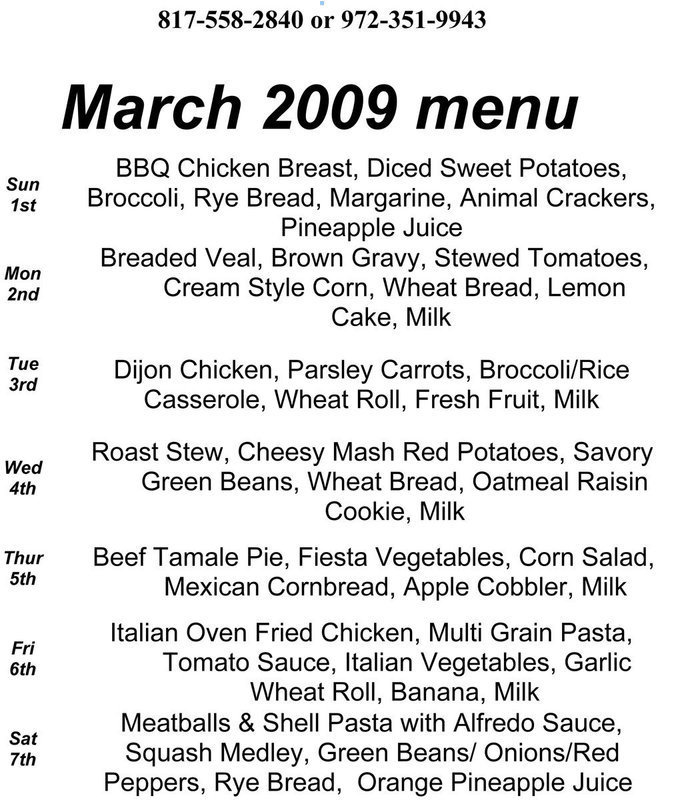 Image: March Meals-on-Wheels meal menu calendar
