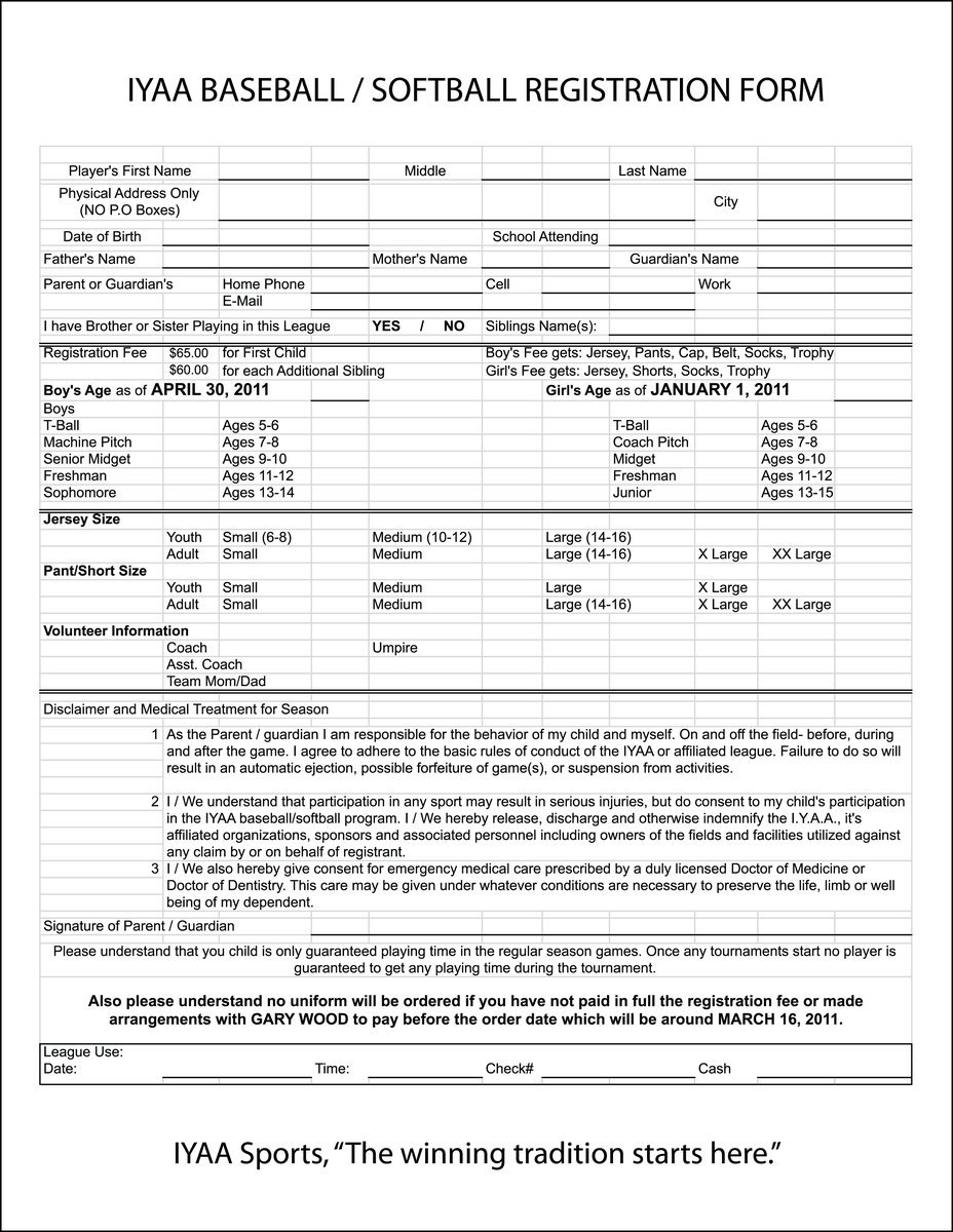 Image: IYAA Baseball / Softball Registration Form. Double click image to view largest size then check, “Fit to page,” before printing.