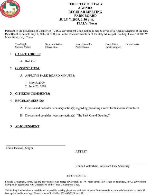 Image: July 7 Italy Park Board Agenda