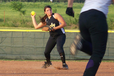 Image: Cori can… — Cori Jeffords, at second base, scoops one up and tosses to Drew Windham at first base.