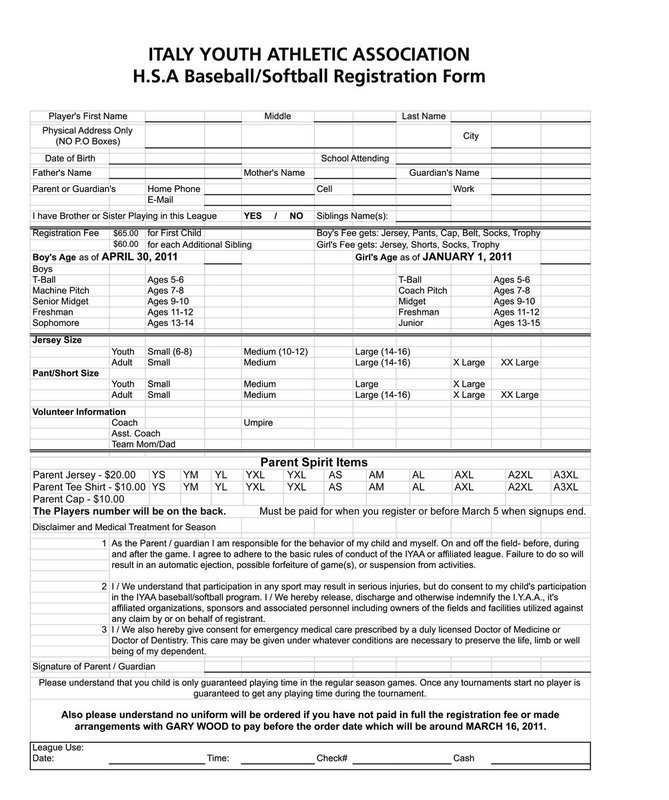 Image: Registration Form – IYAA Baseball/Softball — Double click image, click “Print” and then select “Fit to page” before printing the document.