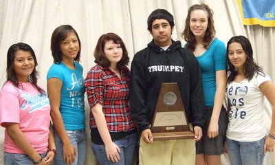 Image: Seniors — Seniors pose with the trophy commemorating a milestone of their final year at Italy HS.  (L-R) Marisela Perez, Jessica Hernandez, Kaitlyn Davidson, Taz Martinez, Melissa Smithey, Maria Luna (not pictured-Nikki Brashear)