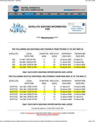 Image: Sighting Information — March 17, 2009 sighting times and location for our area is highlighted in yellow.