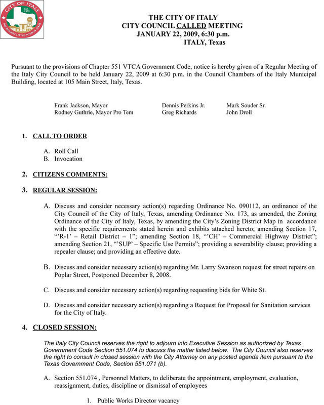 Image: City Council Agenda — Agenda for the Italy City Council meeting for Thursday, January 22, 2009 at 6:30 p.m.