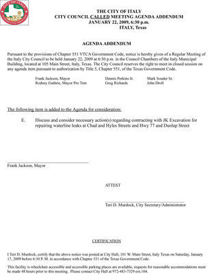 Image: Addendum to the agenda for the Italy City Council meeting for Thursday, January 22, 2009 at 6:30 p.m.