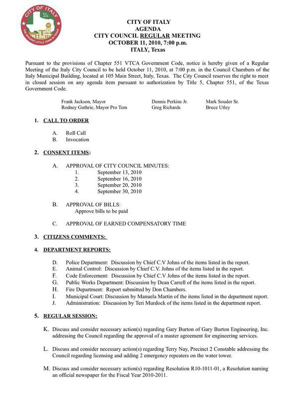 Image: Agenda: October 11, 2010 Italy City Council Meeting