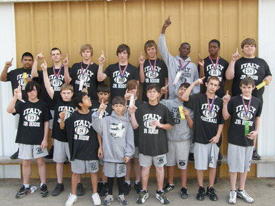 Image: 8th Grade Boys — The 8th Grade Boys 2009 Track Team are basking in the sun as they display their winnings after the meet hosted by Dallas Gateway.