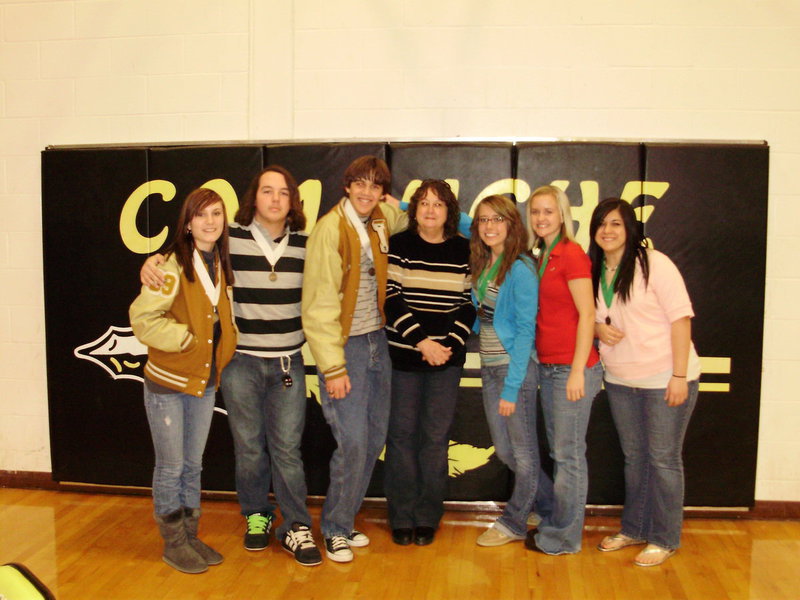 Image: IHS Small Schools Teams — Pictured (left to right): Annalee Lyons (sr), Zach Hernandez (jr), Tyler Boyd (sr), Marjorie Bridge (Coach), Lexie Miller (jr), Courtney Westbrook (jr) and Taylor Benevidez (jr)
Not Pictured: Jonathon Levy (jr), Cori Jeffords (jr) and Shane Cotter (sr)