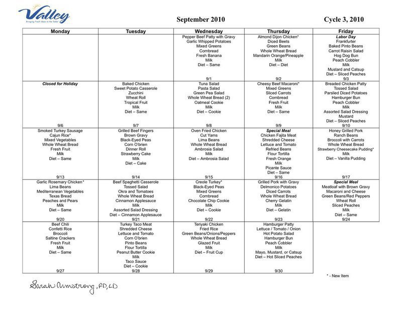 Image: September Menu Calendar