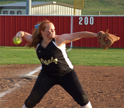Image: With flare — Third baseman, Katie Byers, closes in on the bunt and guns down a Maypearl runner.