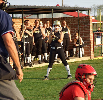 Image: We got your back — The dugout makes some noise as Megan Richards prepares to step up to the plate.