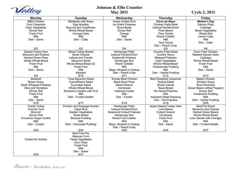 Image: May Meal Calendar