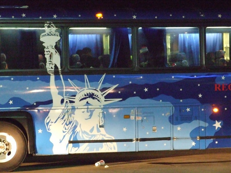 Image: Smuggler uses Patriotic disguise to transport drugs down Hwy. 35 — A drug smuggler was arrested aboard this cleverly disguised bus operated by Autobus Regiomontanos, Int. The suspect hoped he could evade authorities by hiding behind our patriotic colors.