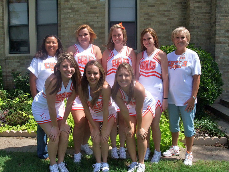 Image: Cheerleaders Going to Florida — Sydney Davis, Heather Boone, Chelsea Nelson, Cindy Cashion (cheerleading coach), Brittany Mageors, Mikalla Wimbish, Ella Presley and Patty Hernandez (assistant cheerleading coach). Sydney Davis said," This is a great opportunity for Avalon, we have never been able to do this before and we are excited."