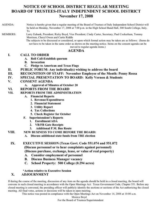 Image: Italy ISD Agenda — Italy ISD Agenda for a regular school board meeting on Monday, November 17, 2008 at 7 p.m.