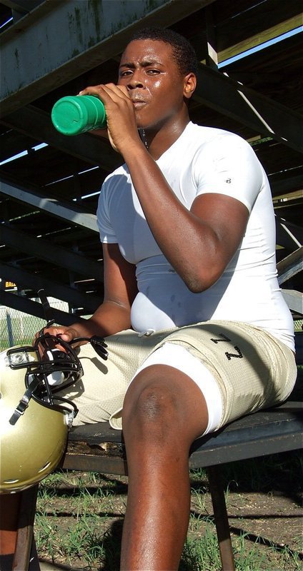 Image: Larry looks violent — Double 7, Larry Mayberry, is ready for pads.