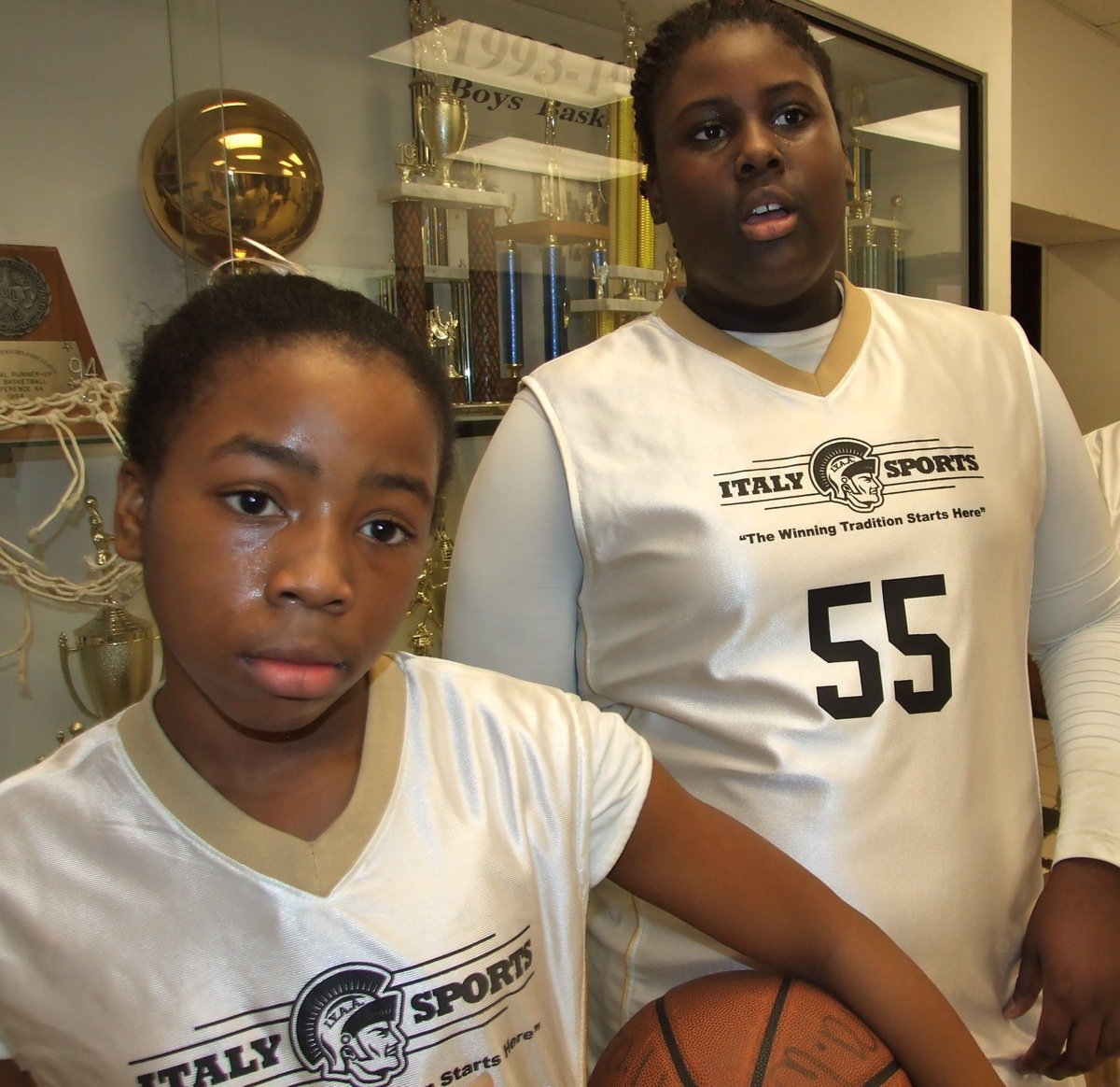Image: Quintera &amp; Cory — Quintera Washington(1) and Cory Chance(55) try to catch their breath after defeating Hillsboro Blue 30-8.