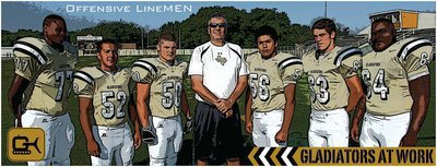 Image: Gladiators at work — Italy’s offensive linemen: Larry Mayberry, Jacob Lopez, Ethan Simon, Lineman Coach Stephen Coleman, Omar Estrada, Brandon Souder and Bobby Wilson.