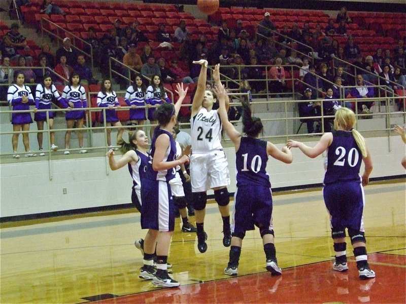 Image: Alyssa rises — Lady Gladiator Alyssa Richards(24) shows her freshman form in the area championship game in Hamilton.