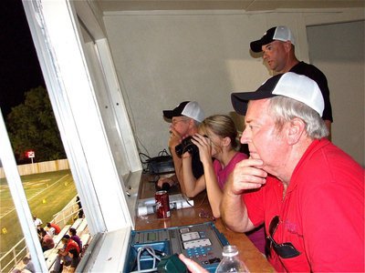 Image: Halee In the box — Halee Turner joins Paul Cockerham, Richard Dabny and Greg Richards high in the press box to get a closer look thru the binoculars.