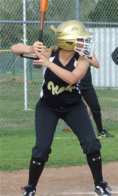 Image: Tate at the plate — Lady Gladiator Mary Tate settles in at the plate.