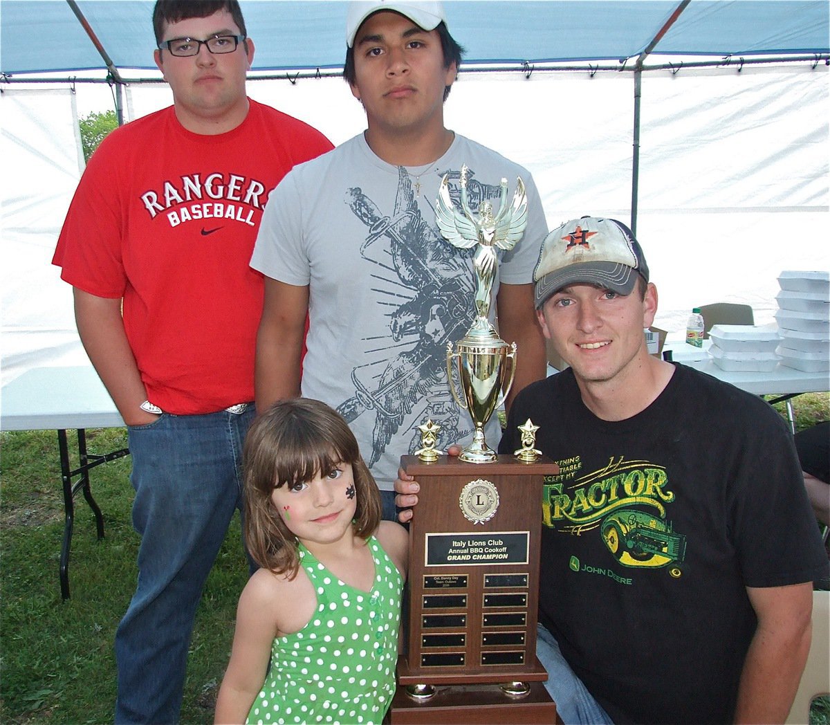 Image: The Convicts — The Convicts consisting of Shawn Roberts, Omar Estrada and Peyton Day win Grand Champion in the Italy Lions Club’s Annual BBQ Cook-off. Presenting the award is Taylor Souder.