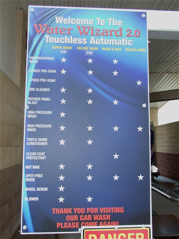 Image: Services offered — The Water Wizard touchfree automatic system offers four separate wash packages with the “super wash” offering the most cleaning features, including the “wheel scrub” feature for wheels and rims.