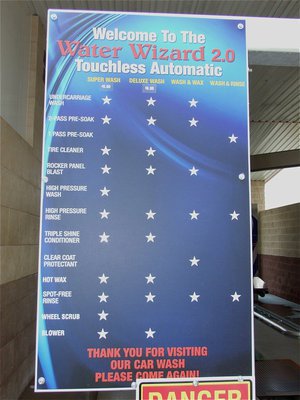 Image: Services offered — The Water Wizard touchfree automatic system offers four separate wash packages with the “super wash” offering the most cleaning features, including the “wheel scrub” feature for wheels and rims.