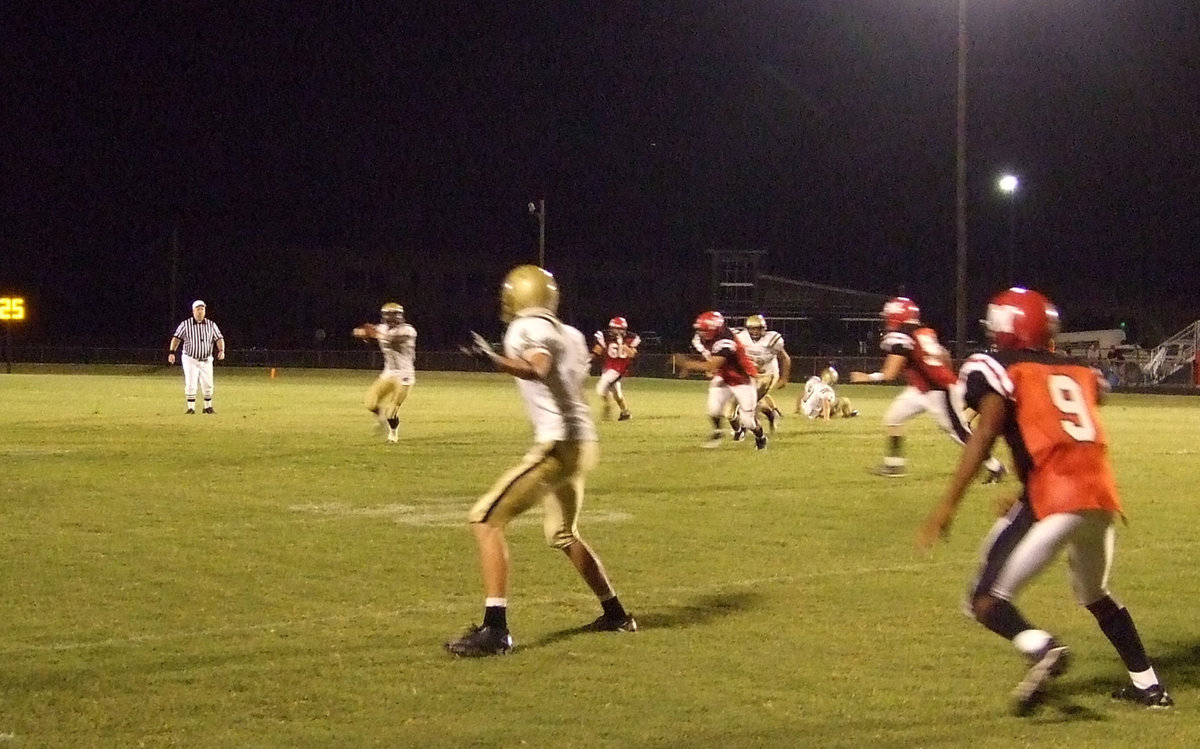 Image: Gladiator open! — Jasenio Anderson(11) prepares to throw a pass to Colton Campbell(3) as Maypearl Panthers stalk the play.
