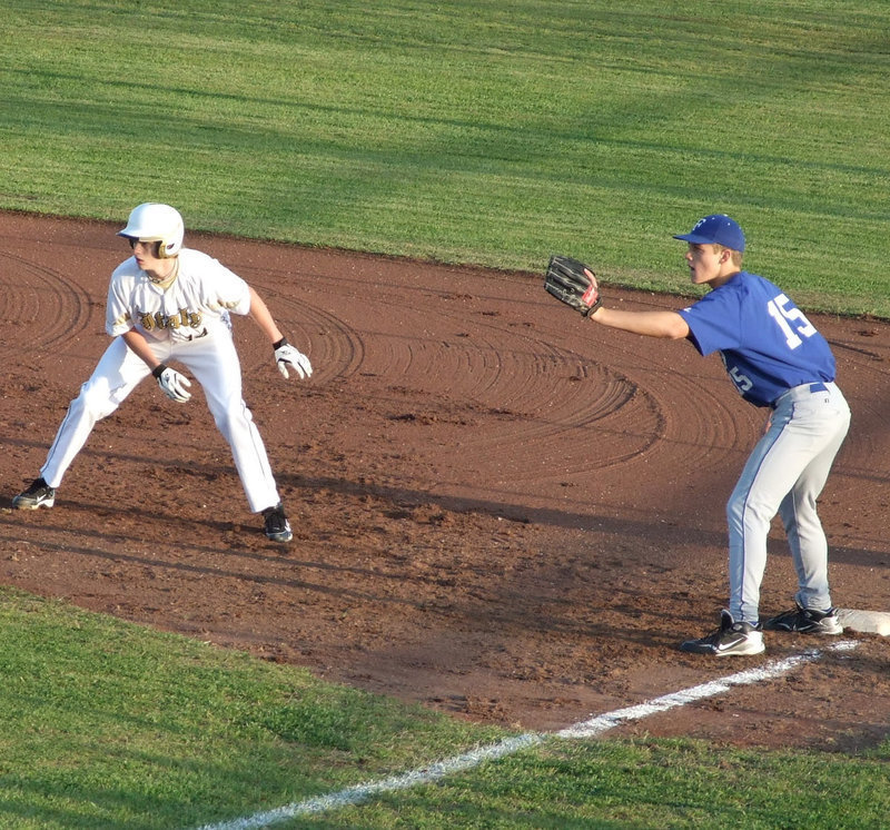 Image: Campbell gets ready to steal — Colton Campbell edges a little off first base and works his way to second on Friday night. The Gladiators played a district game against the Frost Polar Bears and added another mark in the win column. The Gladiators are 5-0.