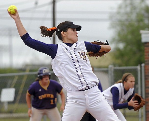 Image: Megann Lewis – Queen of the hill — Hardin-Simmons pitcher Megann Lewis throws the ball during a game with Mary Hardin-Baylor University on Sunday, April 18, 2010. Lewis was recently honored by the coaches of the ASC and named the American Southwest Conference West Division Pitcher of the Year.