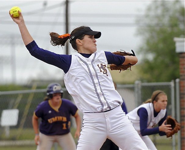 Image: Megann Lewis – Queen of the hill — Hardin-Simmons pitcher Megann Lewis throws the ball during a game with Mary Hardin-Baylor University on Sunday, April 18, 2010. Lewis was recently honored by the coaches of the ASC and named the American Southwest Conference West Division Pitcher of the Year.