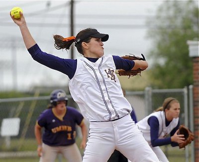 Image: Megann Lewis – Queen of the hill — Hardin-Simmons pitcher Megann Lewis throws the ball during a game with Mary Hardin-Baylor University on Sunday, April 18, 2010. Lewis was recently honored by the coaches of the ASC and named the American Southwest Conference West Division Pitcher of the Year.