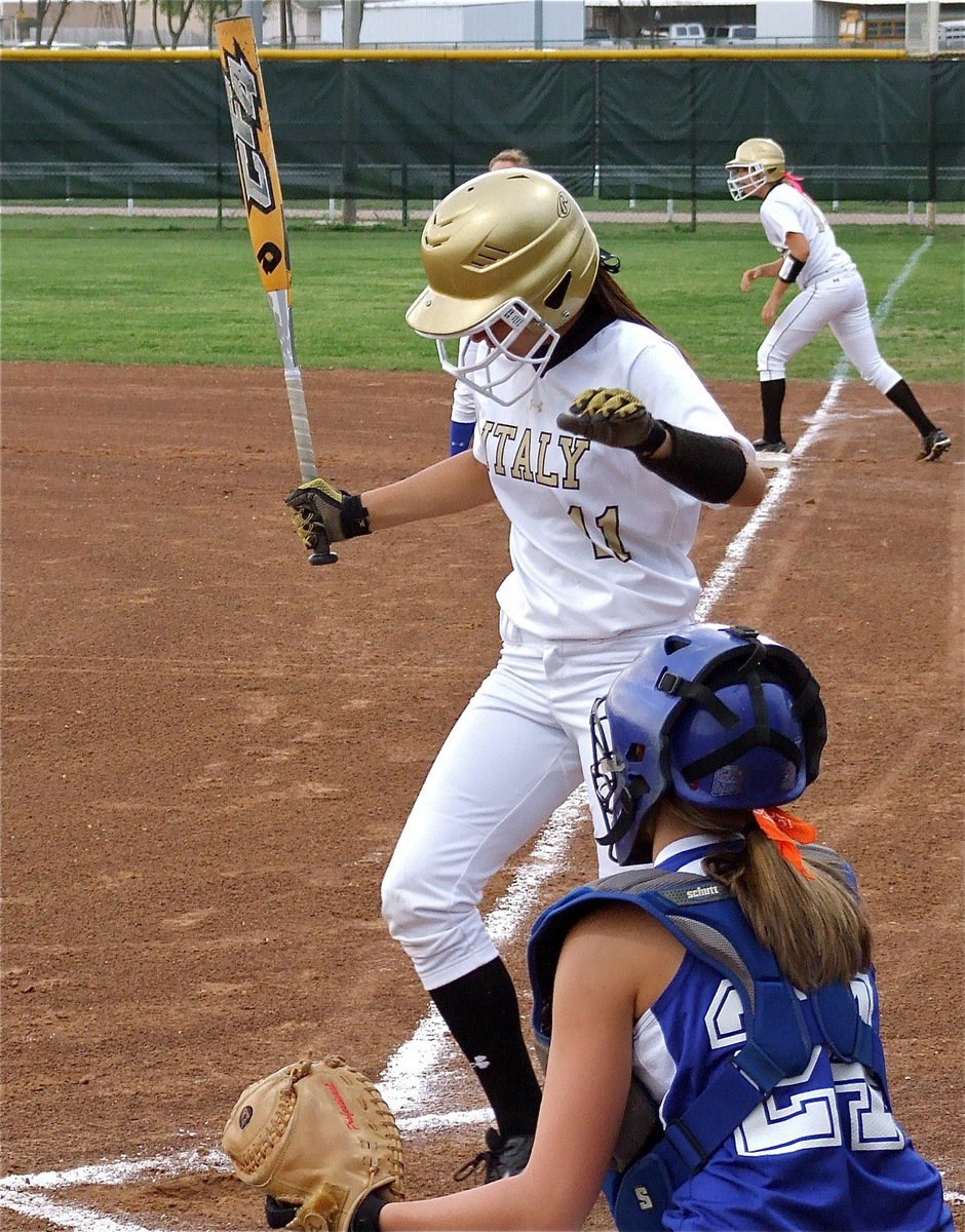 Image: Anna’s up — With a runner on first, Anna Viers(11) settles into the batters box against Whitney.