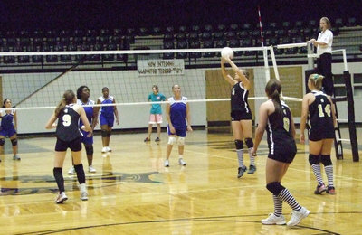 Image: DeMoss sets — Senior, Becca DeMoss sets the ball.