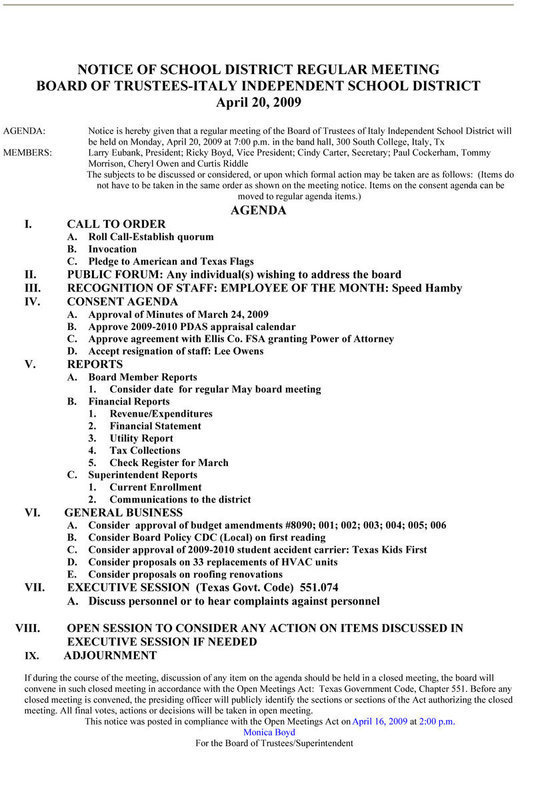 Image: Italy School Board Meeting Agenda-April 20, 2009