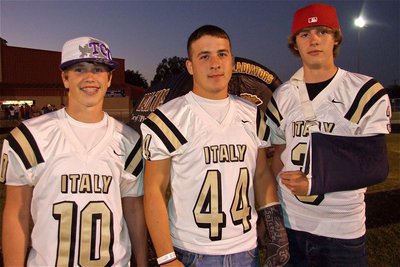 Image: Injured reserve — Justin Buchanan(10), Ethan Simon(44) and Colton Campbell(3) keep their spirits up while taking time to heal.
