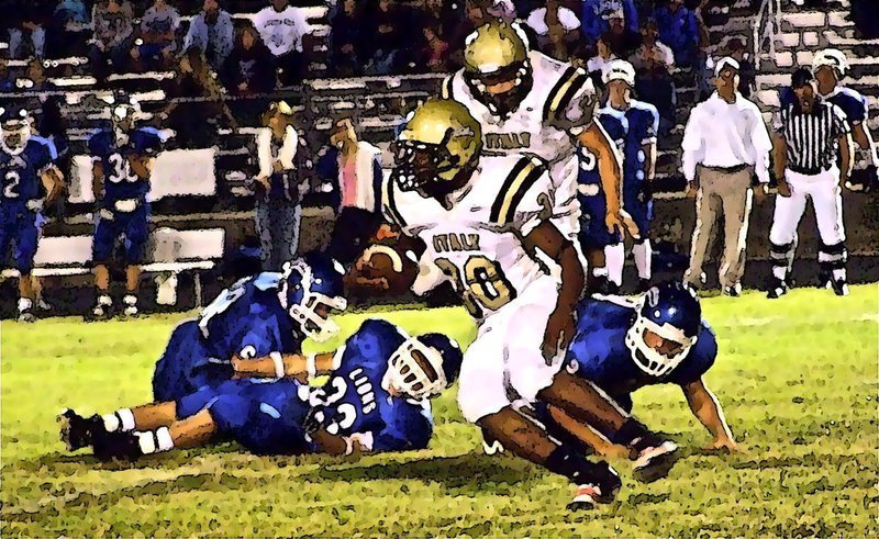 Image: Lewis is elusive — Italy’s Jalarnce Jamal Lewis(30) gets a block from Ethan Simon(50) and heads upfield against the Lions.