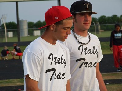 Image: Brandon and Zack — Brandon Souder and Zackery Boykin help keep their teammates pumped up.