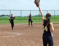 Image: That’s the game! — First Baseman Drew Windham reaches for the final out of the game to secure a 7-3 Lady Gladiator victory over the Mildred Lady Eagles.