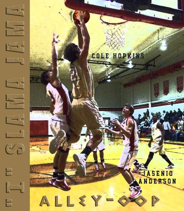 Image: Alley-oop — Jasenio Anderson(11) lobs an alley-oop pass to Cole Hopkins who slams in the statement.