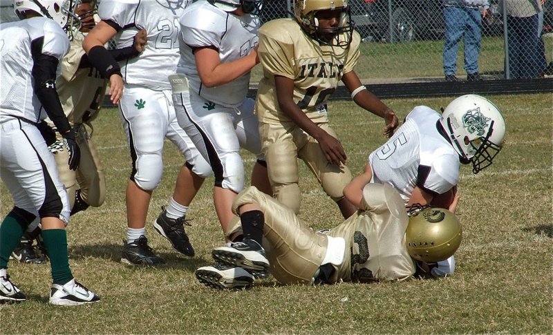 Image: Drew it up this way — Gladiator defensive lineman Drew Celis(31) brings down Scurry’s talented quarterback as Taron Smith(10) and Addison Alexander(9) power their way in.