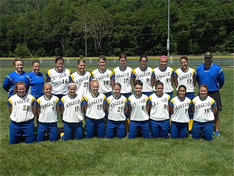 Image: The Lady Rambelles — Sarah DeMoss #12 poses with her Angelo State Lady Rambelles Softball Team.